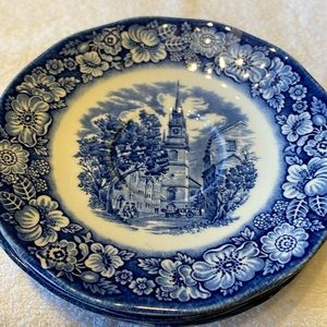 Staffordshire Liberty. Blue Historic Colonial Scenes Set of 4 saucers Old N Chur